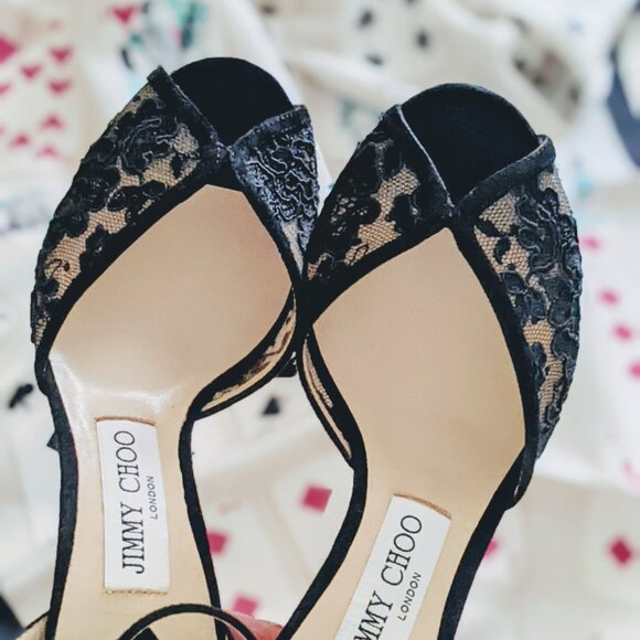 NWT, Jimmy Choo Sacora 85 Black Suede and Lace Peep Toe Ankle Strap Sandals - Picture 4 of 13